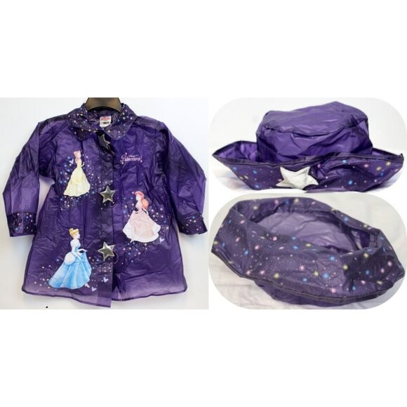 Disney Store Purple Raincoat Hat sz 6 Purple PVC Stars Ariel Cinderella Belle